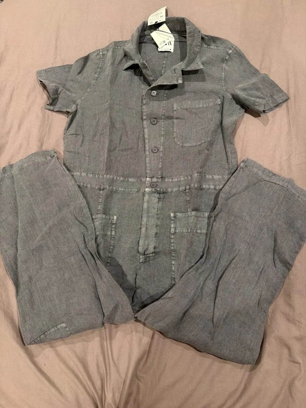 Zara Linen Wide Leg Jumpsuit Gray NWT Size Medium